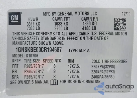 2012 Chevrolet Tahoe Lt z USA, uszkodzony, nr VIN 1GNSKBE00CR194687